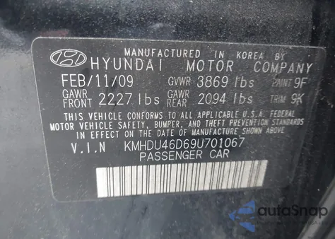 2009 Hyundai Elantra Gls из США, поврежденный, VIN KMHDU46D69U701067